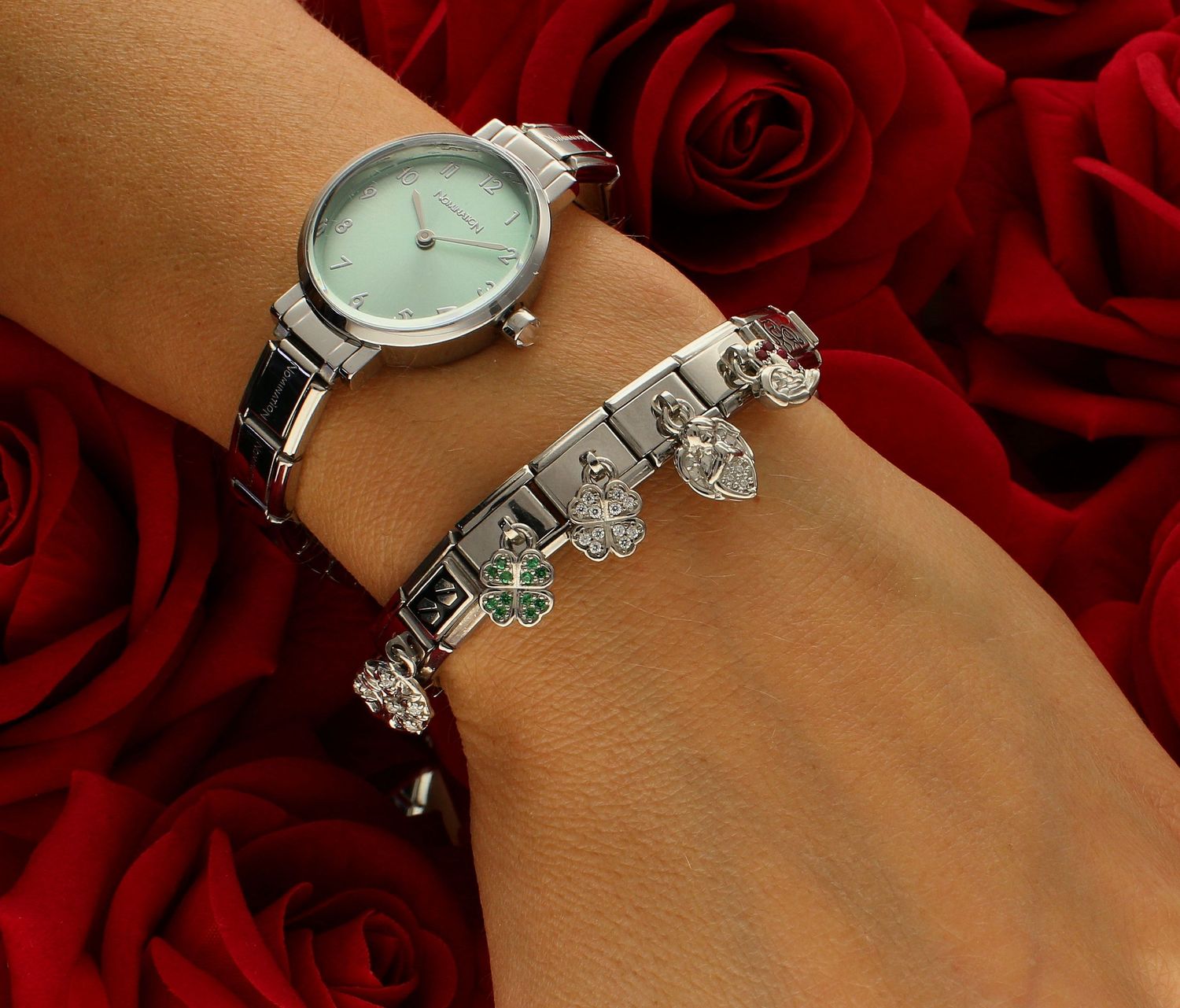 Nomination - Link 925 Srebrny Wisząca czterolistna koniczyna z białymi cyrkoniami 331800 31.png